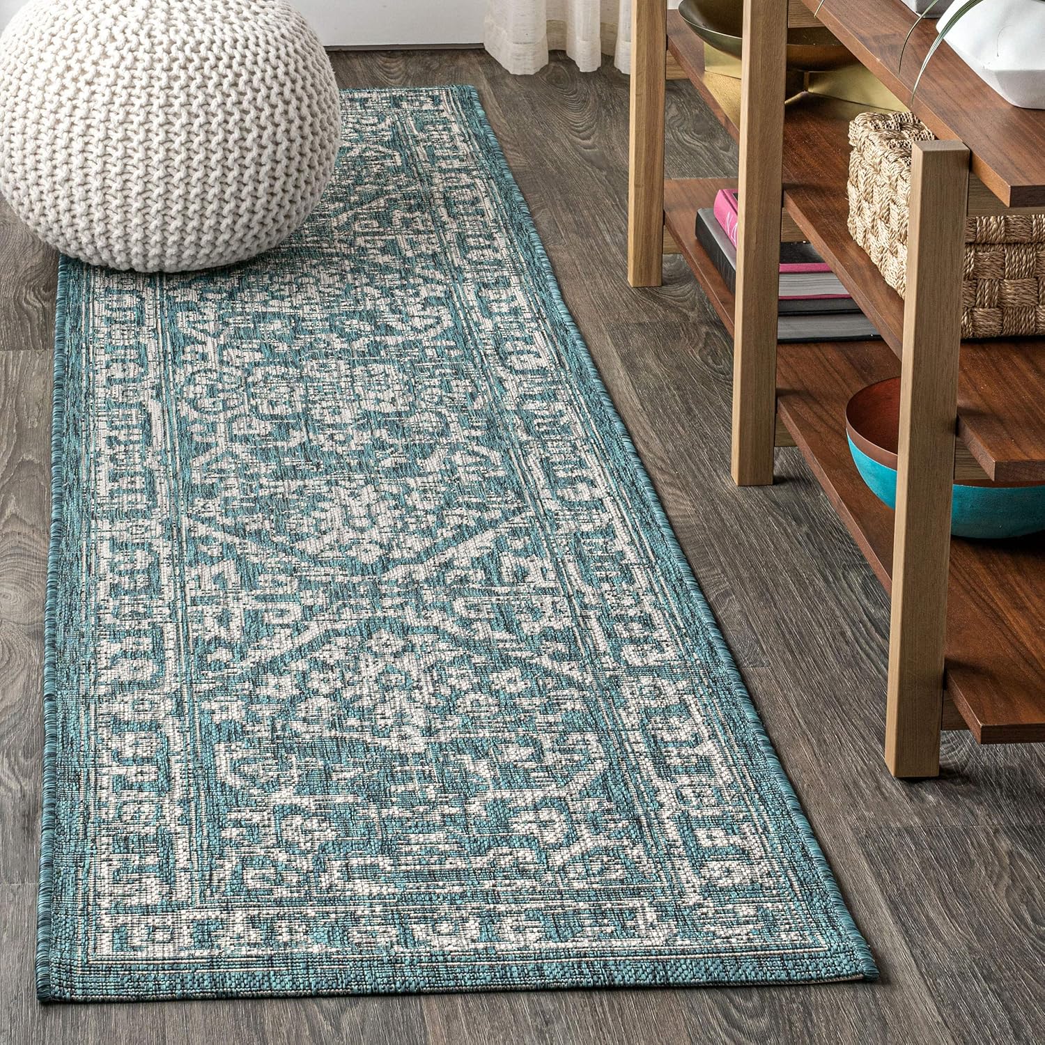 Boho Medallion Indoor Outdoor Runner Rug 2X10 Teal/Gray