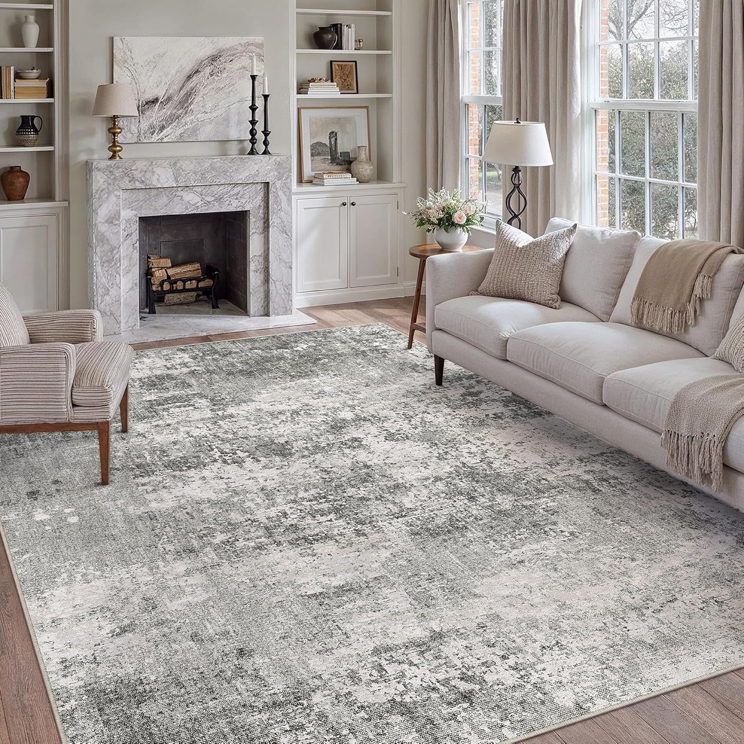 6x9 Grey Area Rug Washable Modern Abstract Living Room Carpet