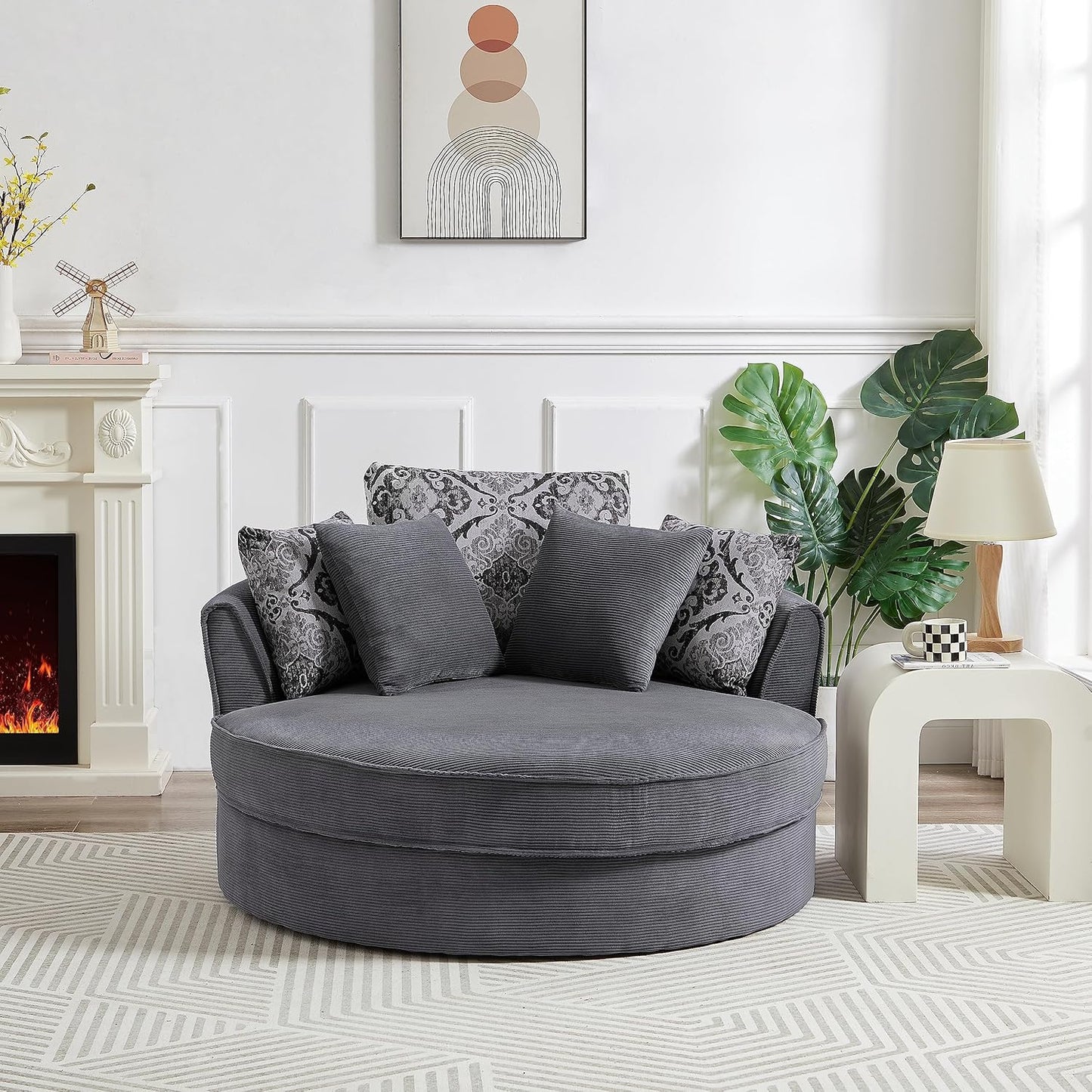 Oversized Corduroy Swivel Chair - Cozy Lounger with Pillows