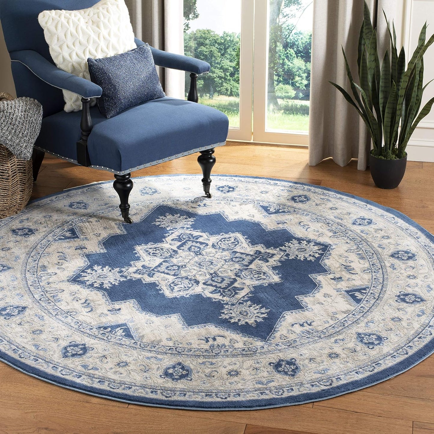 Brentwood Collection Area Rug - 5ft Round, Navy & Creme Medallion