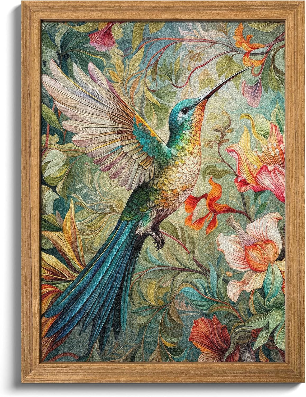 Framed Vintage 3D Textured Wall Art with Colorful Hummingbird