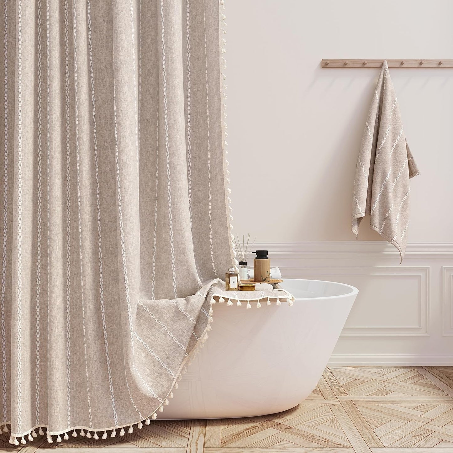 BTTN Extra Long Shower Curtain - Boho Chic Linen Fabric Set