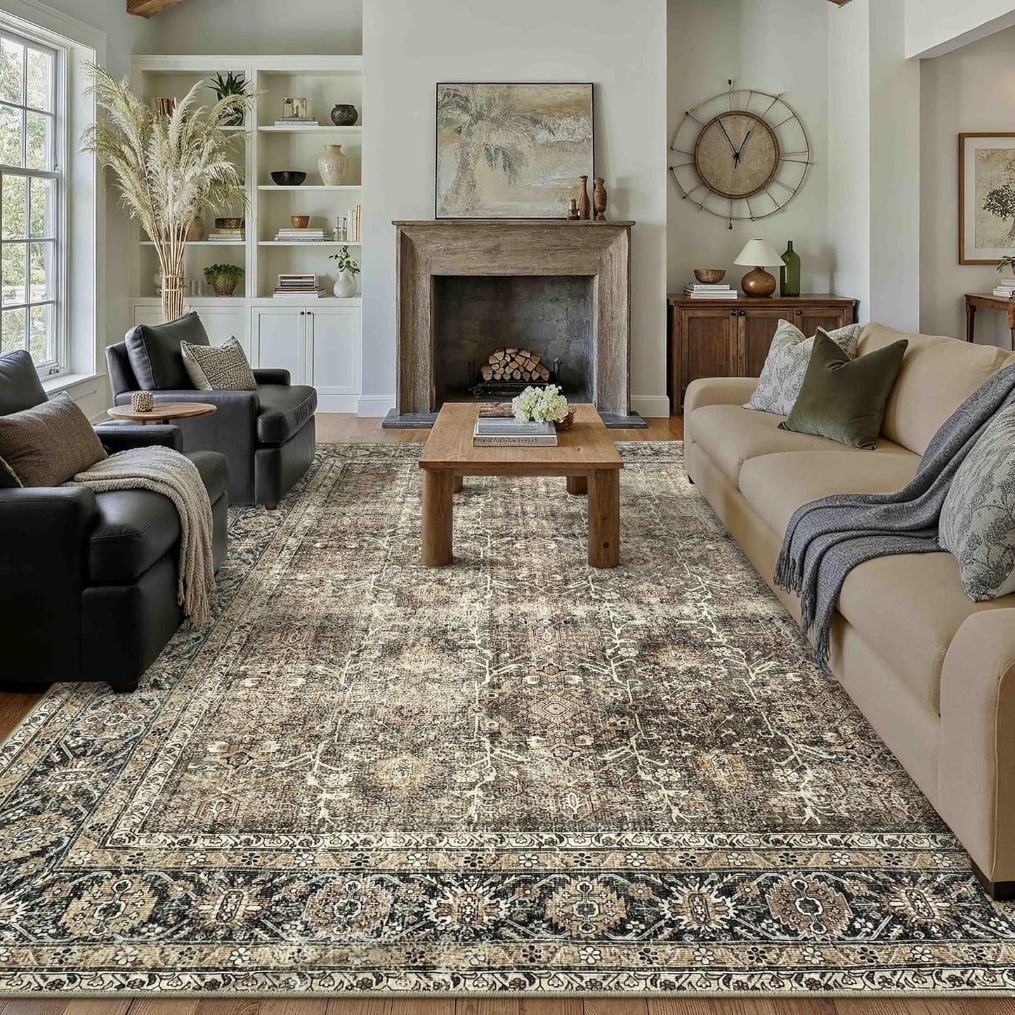 Vintage Area Rug 9x12 Brown Washable Non Slip Carpet for Home