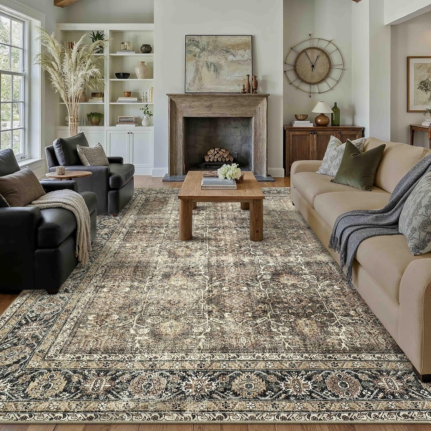 Vintage Area Rug 9x12 Brown Washable Non Slip Carpet for Home
