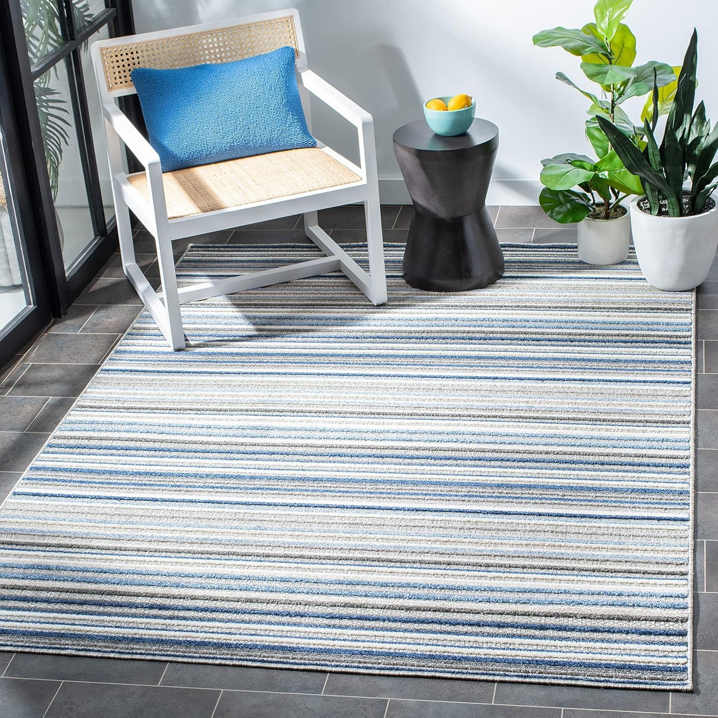 SAFAVIEH Cabana Collection 6ft 7in x 9ft Grey/Blue Stripe Rug