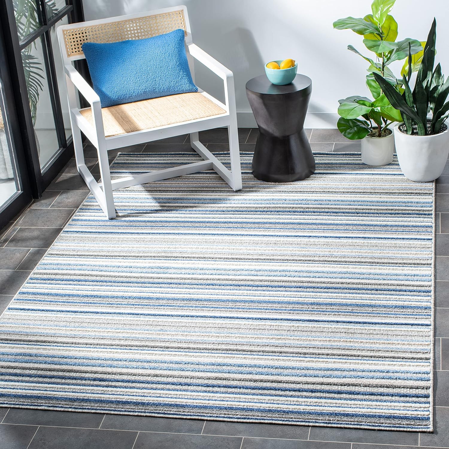 SAFAVIEH Cabana Collection 6ft 7in x 9ft Grey/Blue Stripe Rug
