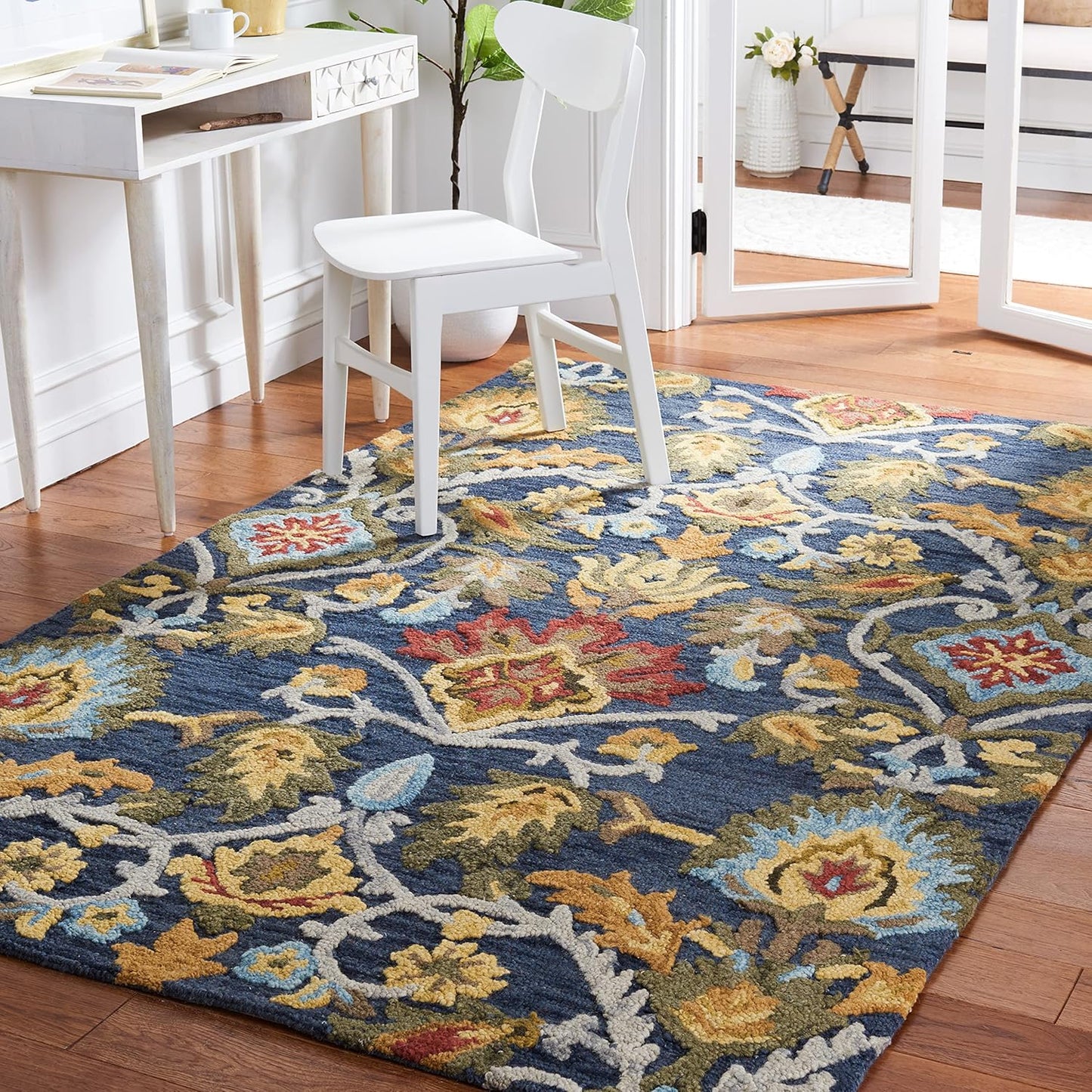 Handmade Premium Wool Area Rug 5ft x 8ft in Navy / Multi Colors