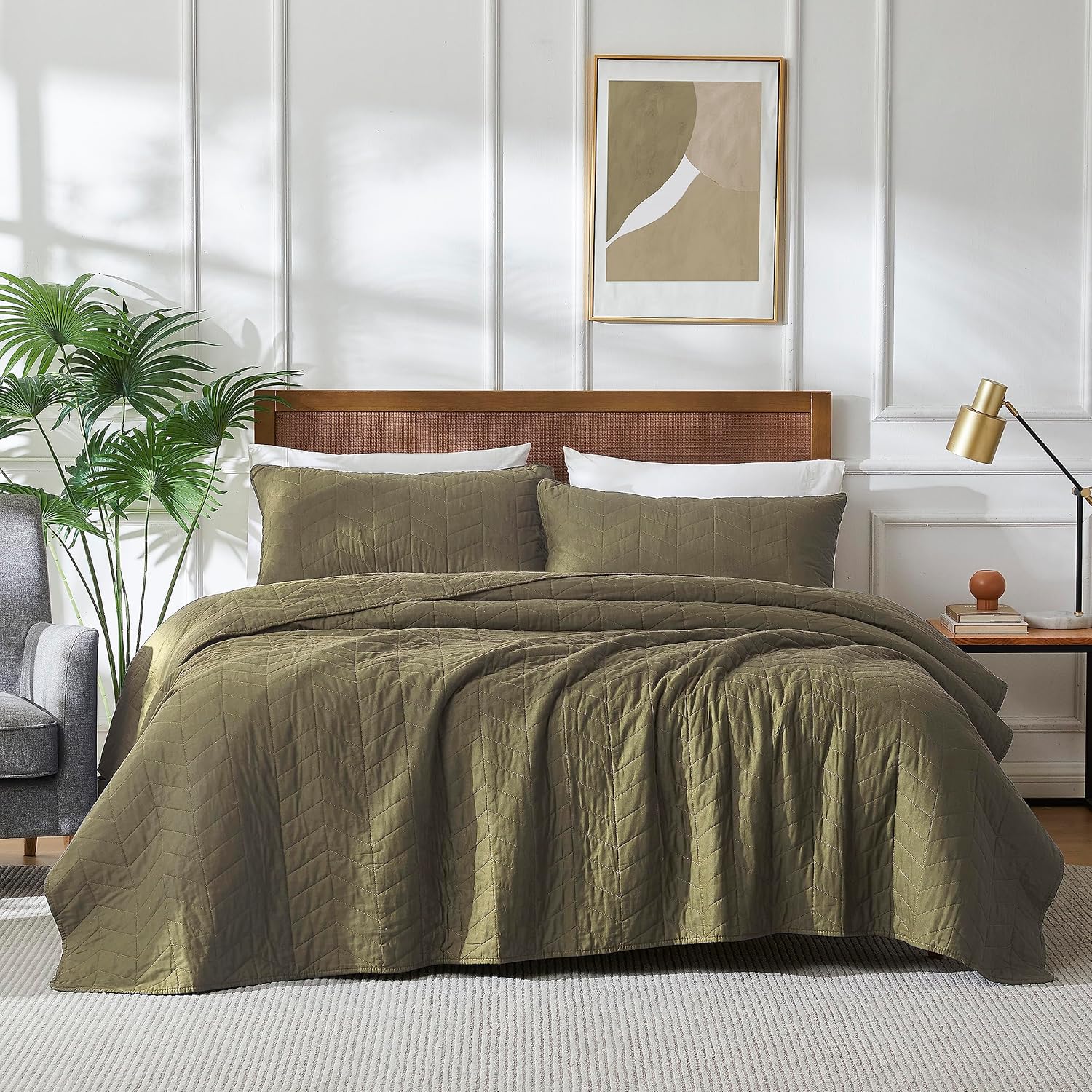 Green Cotton Quilt Queen Size Bedding Set for All Seasons