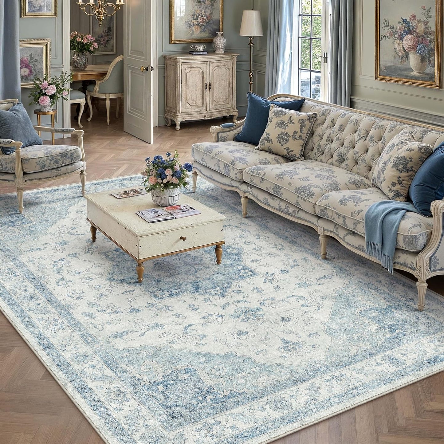 Blue Area Rug 5x7 Washable Vintage Carpet for Living Room