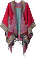 Women's Printed Tassel Open Front Poncho Wrap Shawl - Reversible Cozy