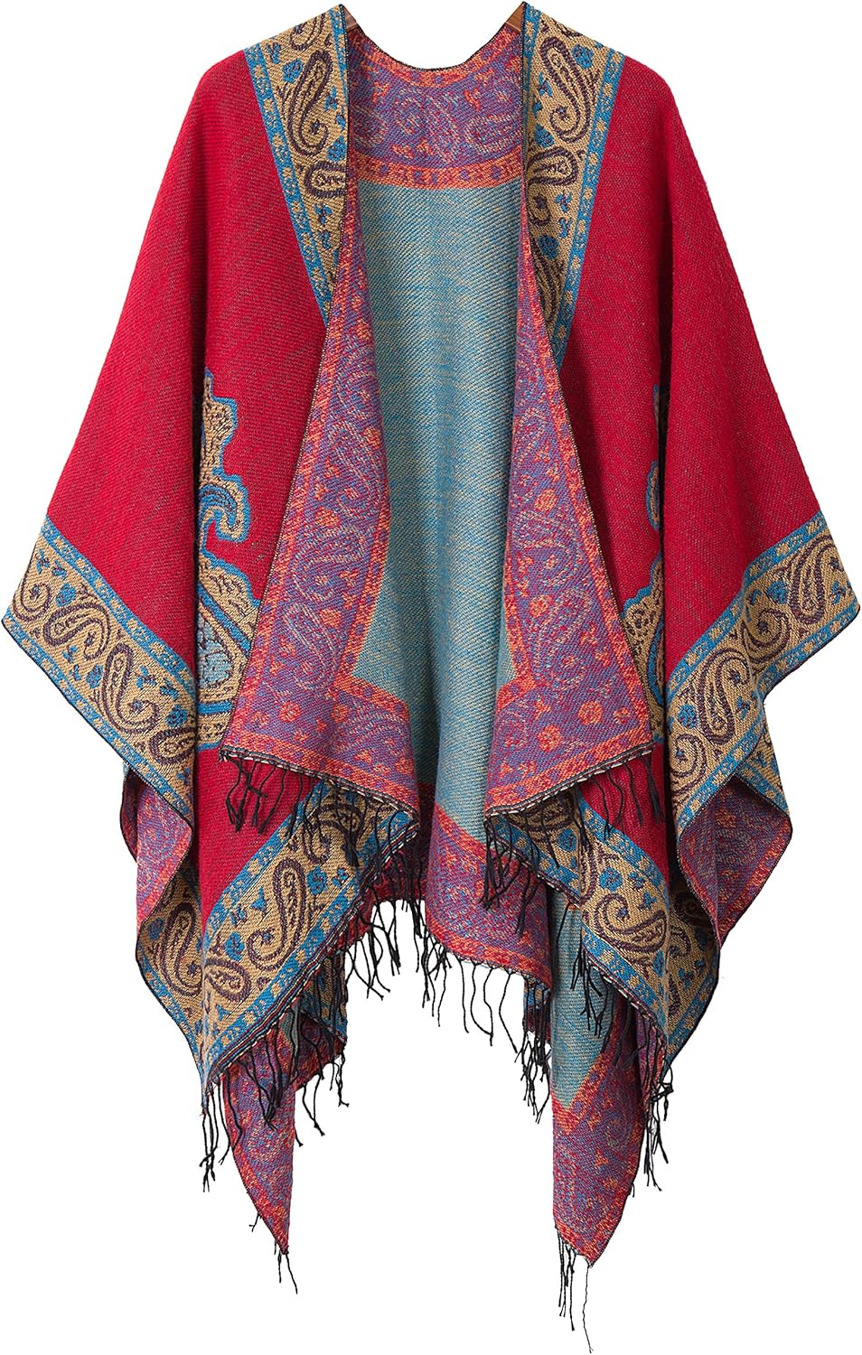 Urban CoCo Women's Printed Tassel Open Front Poncho Cape Wrap