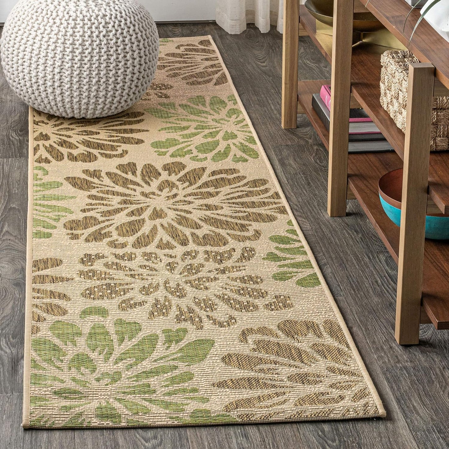 Floral Textured Weave Indoor Outdoor Runner Rug for High Traffic