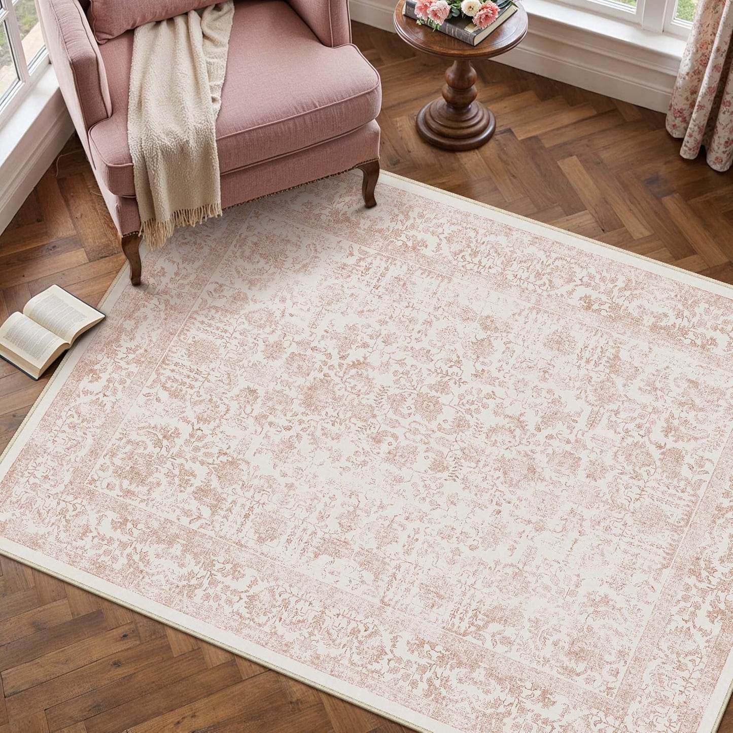 Pink Area Rug 4x5 by PureCozy - Vintage Distressed Design
