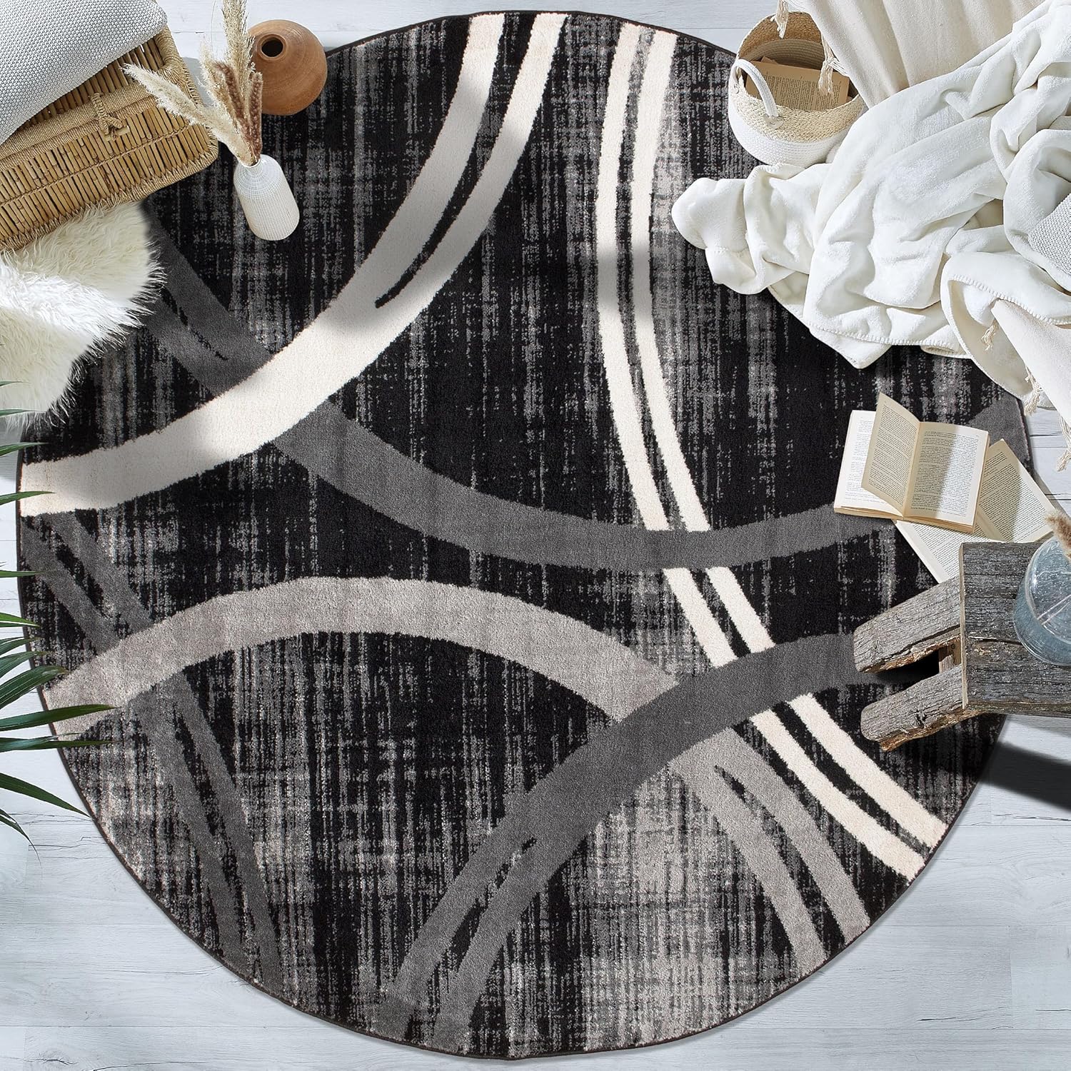 Rugshop Modern Wavy Circles Design Round Rug for Living Rooms