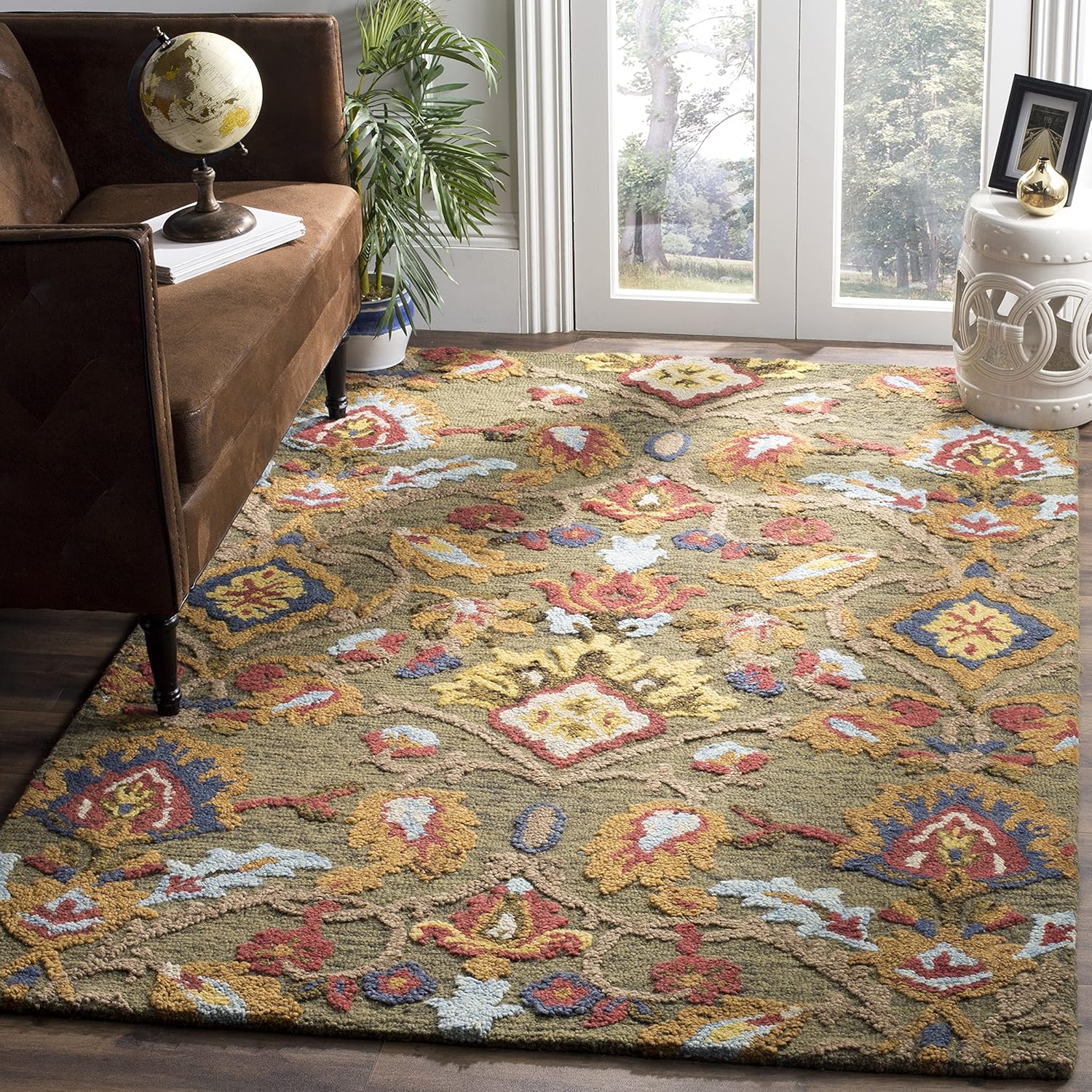 Handmade Premium Wool Area Rug 6ft x 9ft Green/Multi Floral Design