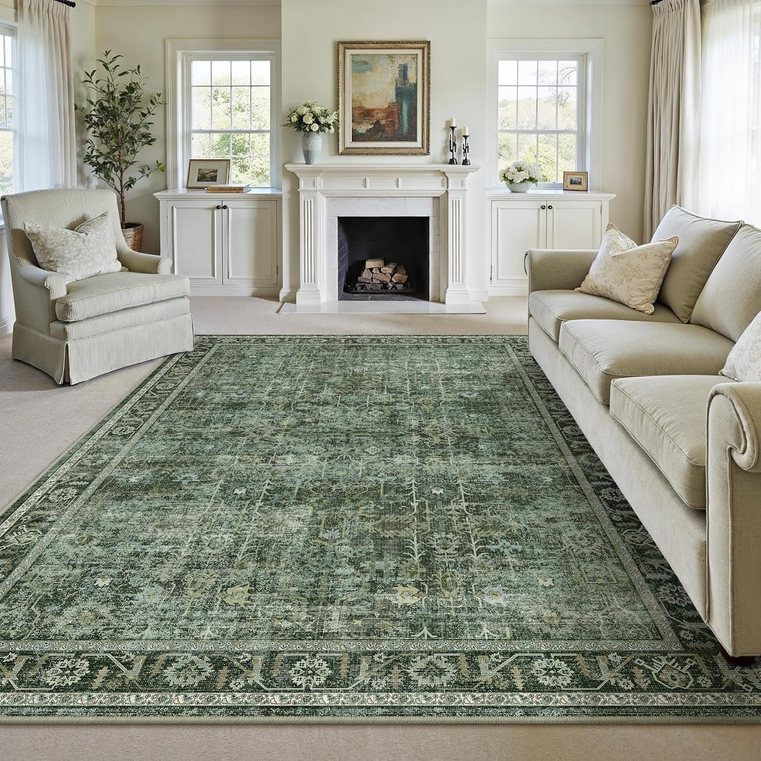 9x12 Area Rug Dark Green Vintage Design for Living Room Decor