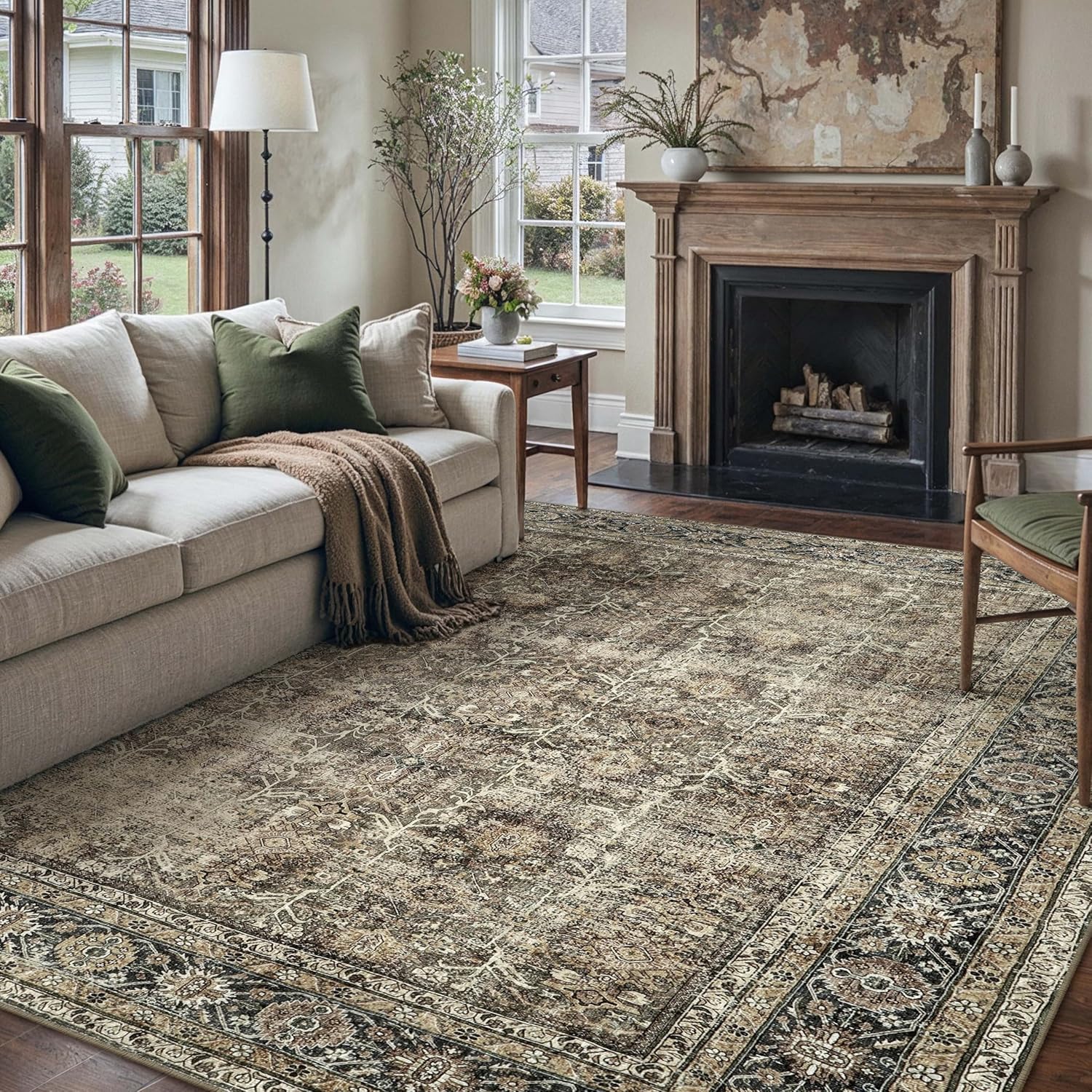 Vintage Area Rug 8x10 Brown Washable Non Slip Carpet for Home