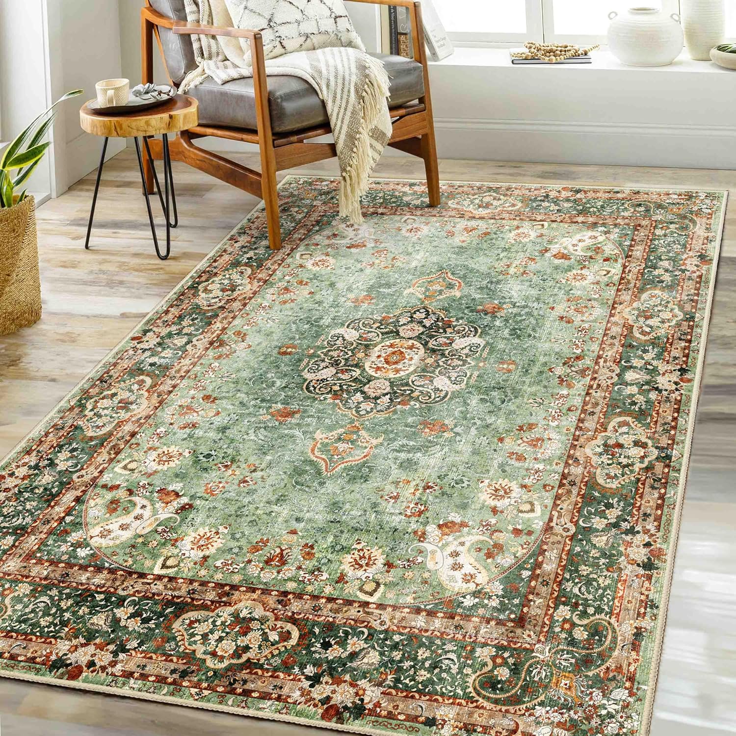 Green Rug 3x5 for Bedroom Living Room Kitchen Entryway Use