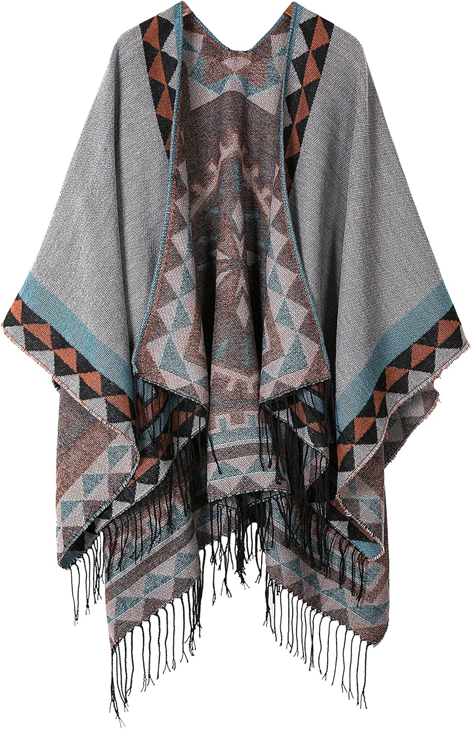Urban CoCo Women's Printed Tassel Open Front Poncho Cape Wrap