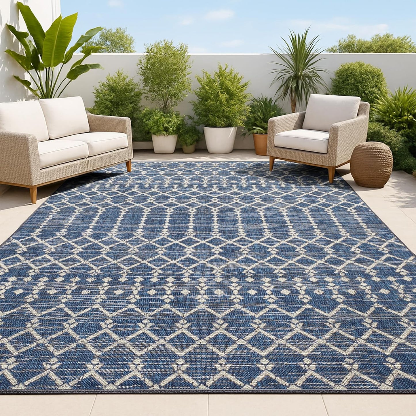 Moroccan Geometric Indoor Outdoor Area Rug 4X6 Navy/Beige