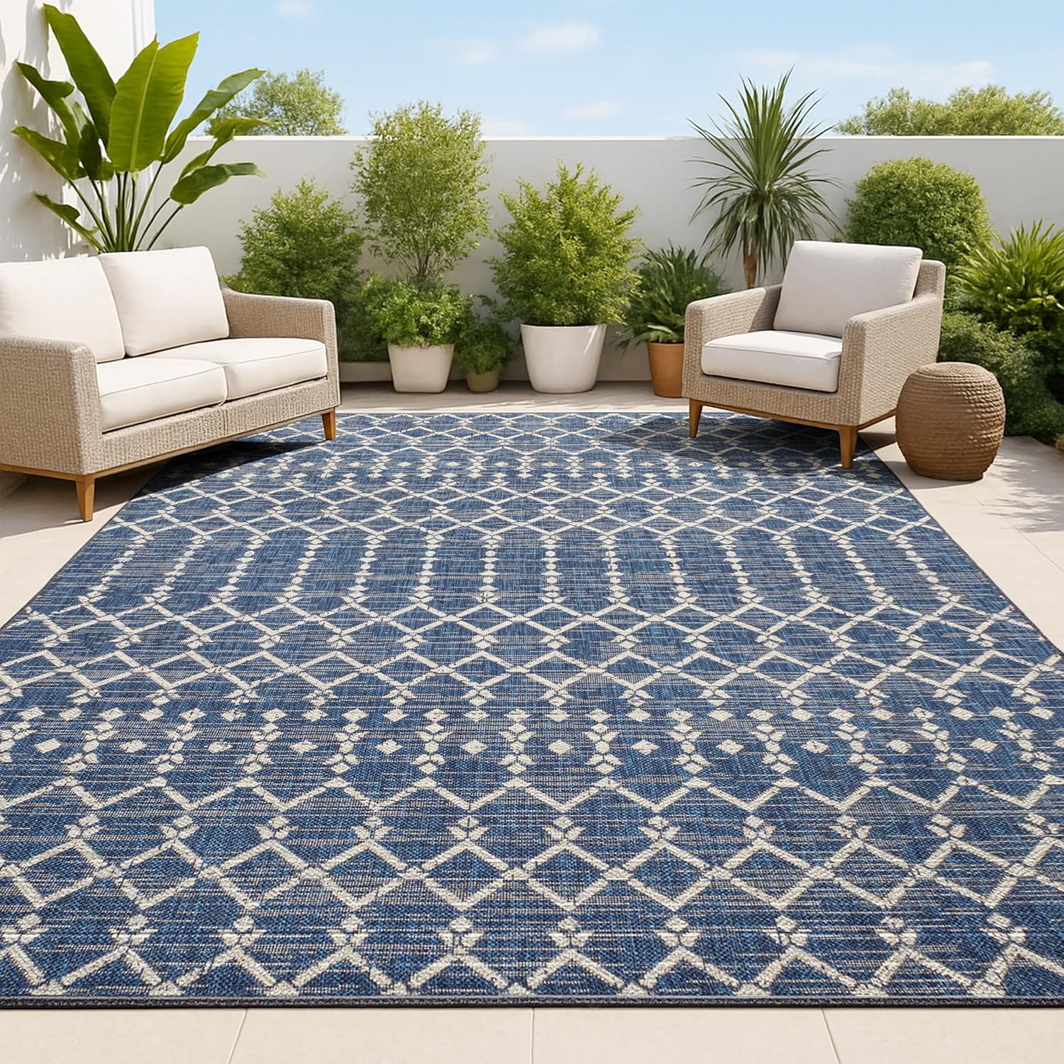 Moroccan Geometric Indoor Outdoor Area Rug 4X6 Navy/Beige