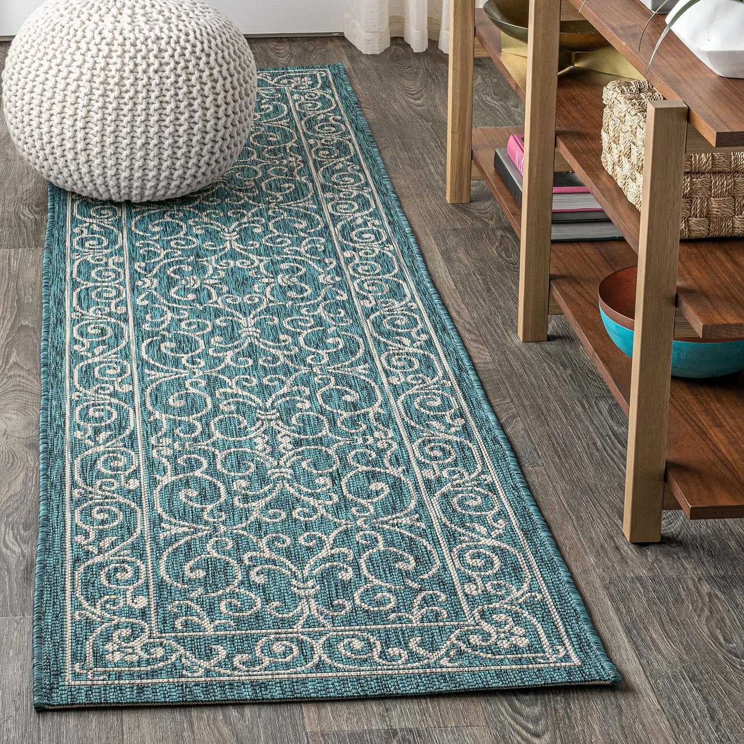 Vintage Filigree Indoor Outdoor Runner Rug 2X10 in Teal/Gray