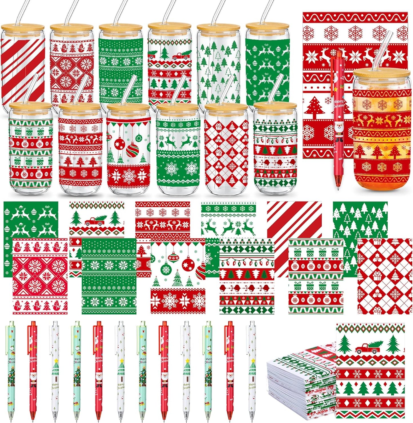 12 Set Christmas Gifts Bulk Glass Cups Notebooks and Pens
