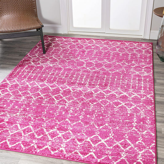 Boho Vintage Diamond Fuchsia/Ivory Indoor Area Rug 8X10 ft