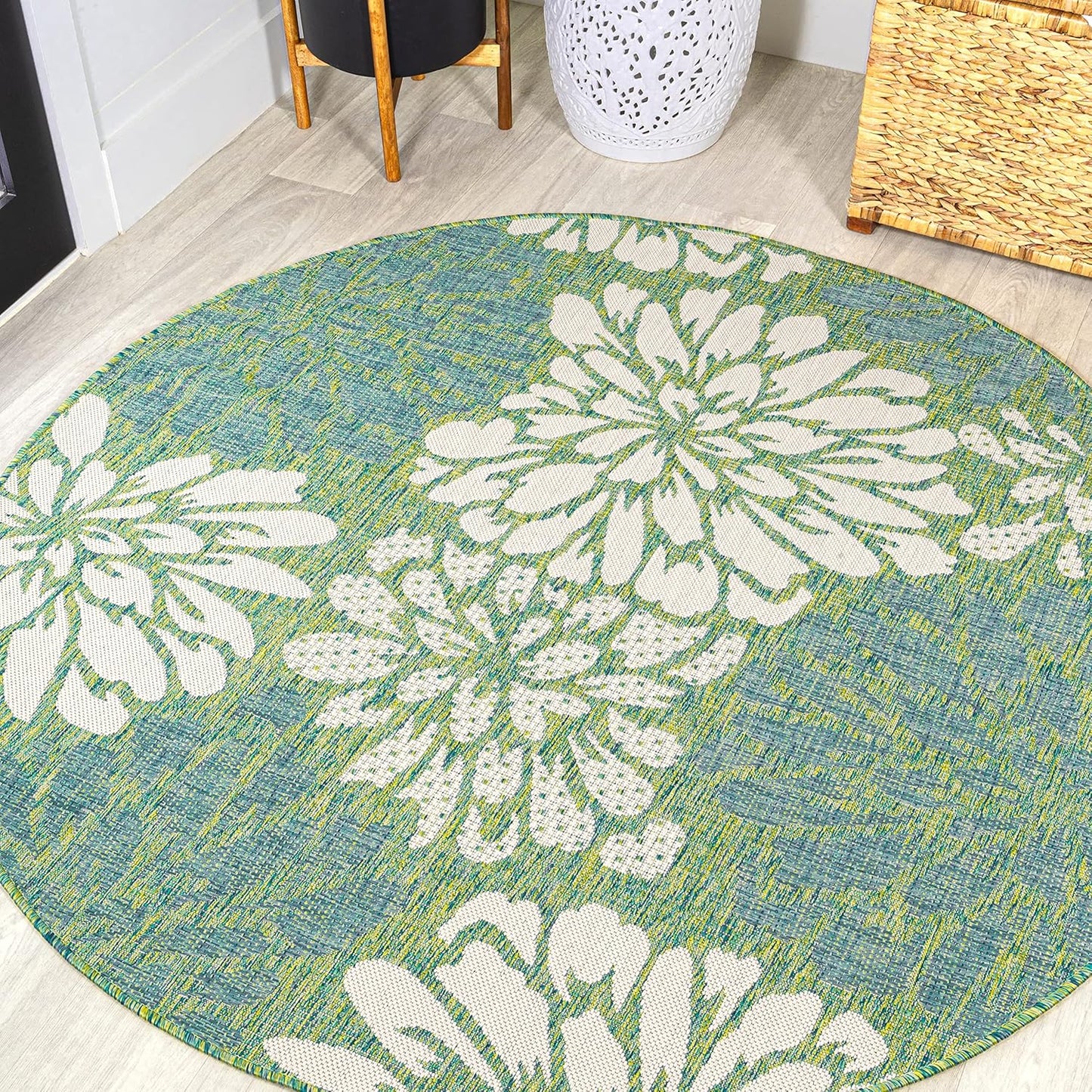 Floral Textured Weave Indoor Outdoor Round Area Rug 8 Ft Cream Green