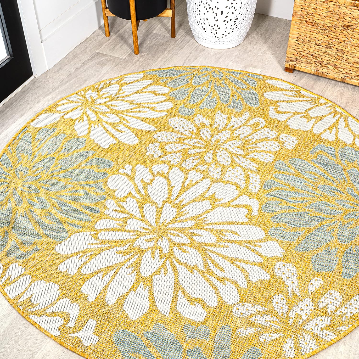 Floral Textured Weave Indoor Outdoor Round Area Rug 5 Ft Yellow/Cream