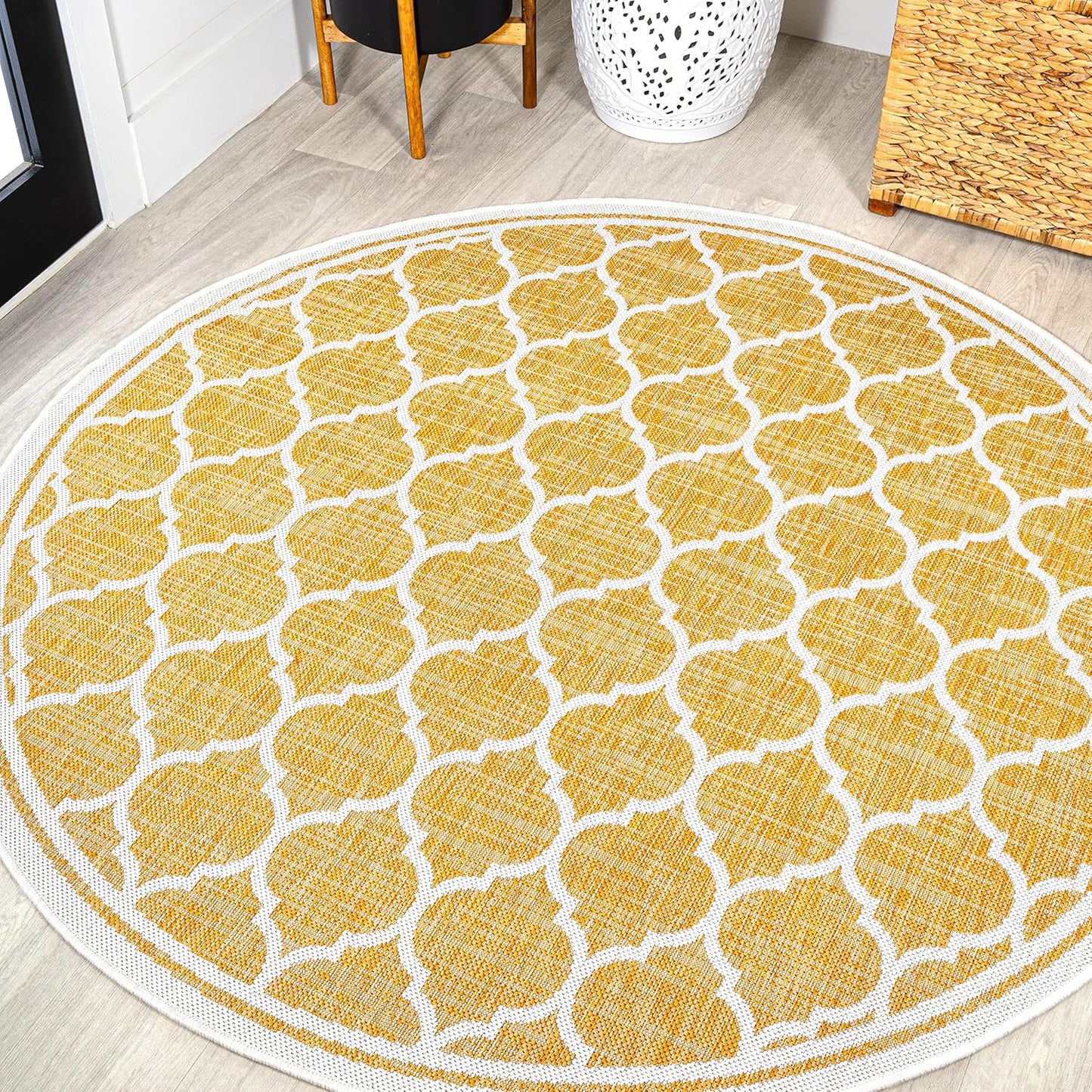 Moroccan Trellis Indoor Outdoor Round Area Rug 5 Ft Yellow Cream