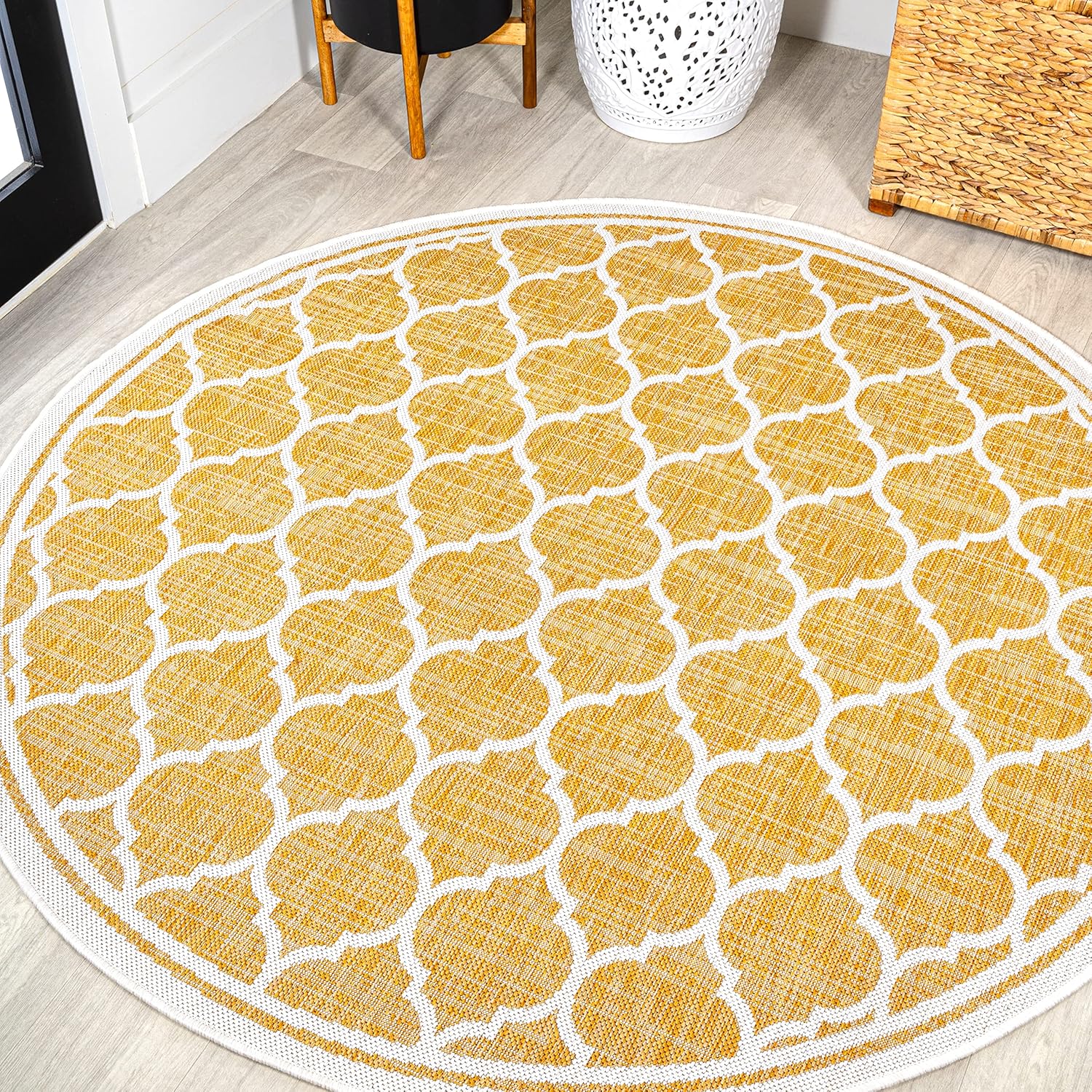 Moroccan Trellis Indoor Outdoor Round Area Rug 5 Ft Yellow Cream