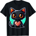 Black Pixel Cat Heart Retro Gaming Y2K Graphic T-Shirt - Bold 8-Bit